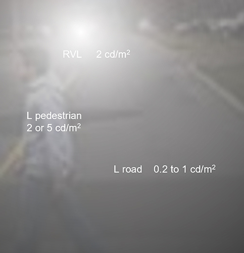 Figure 5 Contrast assessment in a night driving scenario with low road luminance (L road), a pedestrian with a luminance level of 2 cd/m2 or 5 cd/m2 (L pedestrian) crossing the road, and an oncoming car with intense headlights. The retinal veiling luminance (RVL) is determined by the strength of glare source, angular location (headlight of the oncoming car), and IOL model in the case of a pseudophakic patient observing the traffic scenario.