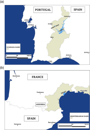 Fig. 1 Location of (a) Alqueva and Monte Novo reservoirs and (b) Thau lagoon.