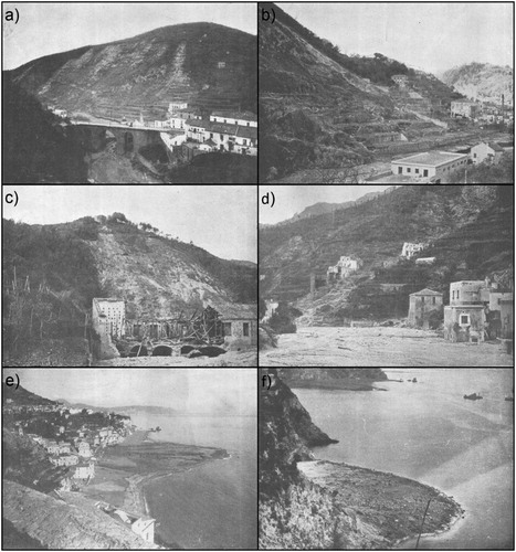 Figure 4. Historic images of the effects of the storm in the Vietri-Maiori area (CitationS.I.M.N., 1954): (a) landslides triggered along the right side of the lower Bonea stream, (b) effects of landslide triggered along the Bonea stream, (c) landslide triggered along the right slope of the Regina Major stream, (d) landslide and flood deposit along the course of the Regina Major stream, (e) debris fan formed at the mouth of the Bonea stream, (f) debris fan formed at the mouth of the Albori torrent. See red symbols of Figure 1 for interpreted positions.