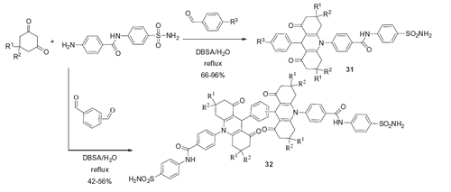Scheme 13. Preparation of 31 and bisacridines 32 via the Hantzsch reaction.