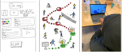 Figure 1. Left: Paper prototype used in design activities on mapping user details (session 1 and 3). Centre: Paper prototype sketch on visualising progress (‘road’) in the artifact (session 1 and 3). Right: Test of games in gamification workshop (session 5).