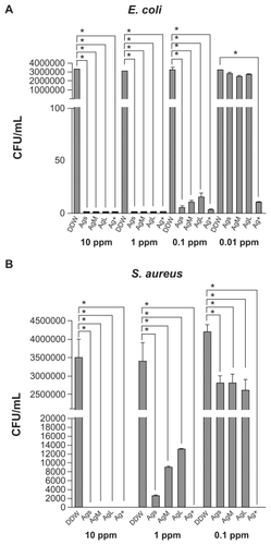 Figure 2 Antibacterial activity of silver nanoparticles against A) Escherichia coli and B) Staphylococcus aureus, shown as bacterial colony-forming units after exposure to silver nanoparticles of different sizes and concentrations for 24 hours. Double-distilled water served as the control. Silver ion (Ag+) of the same concentration was included for comparison.Note: *P < 0.05 relative to double-distilled water.