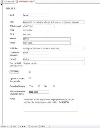 Figure 2. Access form with journal title to be cancelled.