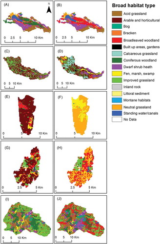 Figure 2. Land-cover maps for the pre-project baseline (left column) and projected scenarios following landscape scale intervention (right column): Ennerdale (A, B); Frome catchment (C,D); Great Fen (E, F); Knepp (G,H); Pumlumon (I,J).