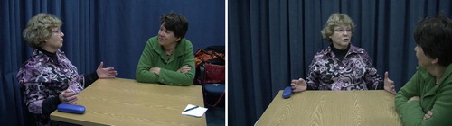 Figure 1. Example of the lateral (left panel) and frontal (right panel) views of the speaker in the experimental set-up. In this frame, the speaker refers to “a really big fish”, both in her speech and in her gesture.