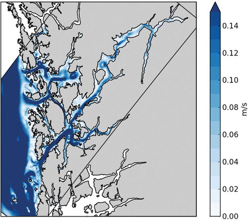 Figure 3. Current speed at 5 m depth from 7 June 2007, calculated by the numerical model.