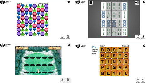 Figure 1. The vibrant minds mobile games. (a) Bejeweled. (b) Mahjong. (c) Whack-A-Mole. (d) Word Search.