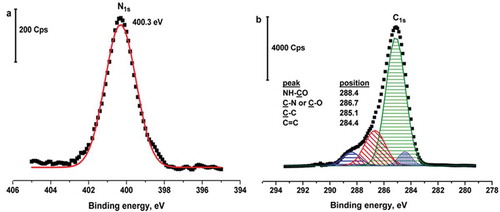 Figure 2. A: N1s and B: C1s core spectra of GC/GO-IPA.