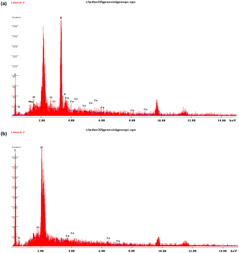Figure 4. EDX spectra of (a) MOSPR (b) MOSPAC.