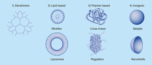 Figure 1. Schematic examples of representative nanoparticles from the four primary nanoparticle classes: dendrimer, lipid-based micelle and liposome, crosslinked polymer and pegylated protein, and inorganic metallic nanoparticles and nanoshells.