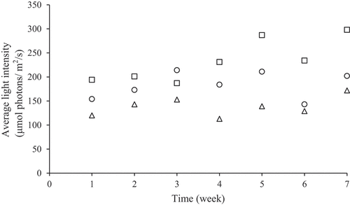 Figure 3. Outdoor light intensity at the surface of the water basin. SymbolO is recorded at 09:00 AM, symbol ▢ is recorded at 12:00 AM, and symbol Δ is recorded at 15:00 PM.