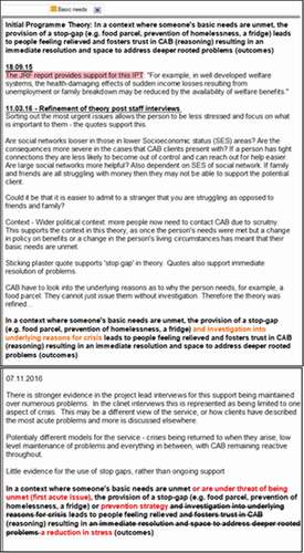 Figure 2. Opening the scrapbook – screen shot of node linked memo, with restated programme theory, highlighting how it was edited using additional coloured writing and strikethrough font function