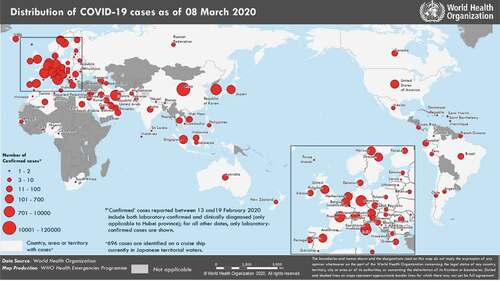 Figure 2. Distribution of COVID-19 reporting countries by 7 March 2020 [Citation8]