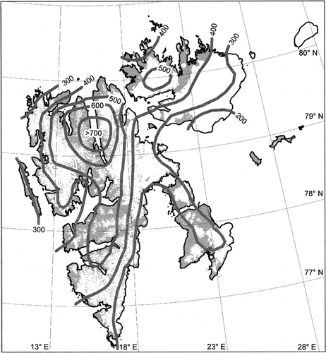 FIGURE 6. Distribution pattern of the equilibrium-line altitude in Svalbard given as 100-m contour intervals