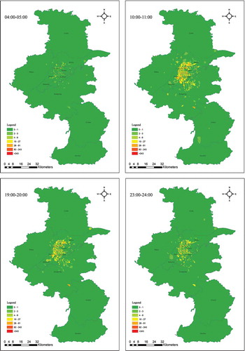 Figure 7. Spatial and temporal distributions of pickup and drop-off locations on 3 March during some typical periods. (a) Spatial and temporal distributions of pickup locations; (b) Spatial and temporal distributions of drop-off locations. For full color versions of the figures in this paper, please see the online version.