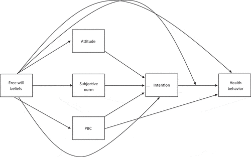 Figure 1. Diagram outlining the proposed relationships between free will beliefs, theory of planned behavior constructs, and health behavior. In accordance with the theory of planned behavior, intention is influenced by attitude, subjective norm, and PBC, and health behavior is directly influenced by intention and perceived behavioral control. Free will beliefs can act as a direct predictor of (a) health behavior, (b) intention, (c) attitude, d) subjective norm, and e) PBC. Free will beliefs can also be a distal predictor of f) intention and g) health behavior, and (h) a moderator of the intention-health behavior relationship.