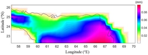 Figure 4. The 1981–2000 mean sea surface roughness length for the study area.