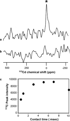 Figure 2.  113Cd CP-MAS analysis of membranes from E. coli expressing the zinc transporter ZitB(TEV-Lumio™-His8). (a) 113Cd CP-MAS spectrum upon incubation with 5 mM [113Cd]CdCl2 and (b) following preincubation with 50 mM ZnCl2. Spectra were recorded at 66.4 MHz for 113Cd using a MAS frequency 2.4 kHz, CP contact time 7 msec and acquisition delay 1 sec over 28 000 scans at a temperature of 4°C.