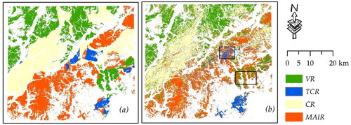 Figure 11. Classified results from (a) referenced geologic map and (b) selected vegetation features.