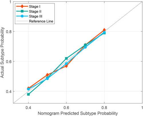Figure 6 Calibration curves of nomograms were plotted to assess the agreement between the nomograms predicted subtype probability and actual observed subtype probability of the validation cohort.