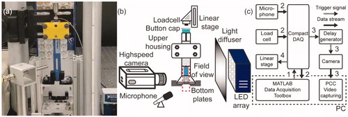 Figure 3. (a) Photo of the test section. (b) Schematic drawing of the experimental setup. (c) Synchronization of the testing instrument. The arrows are coded in chronological order.