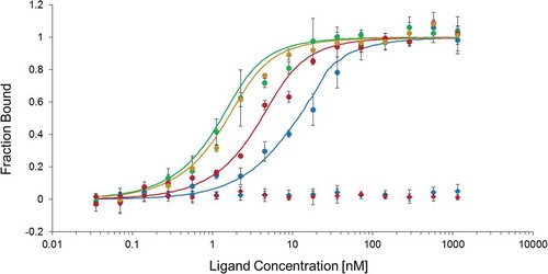 Figure 3. Dose–response curve of MicroScale Thermophoresis (MST) showing the binding of CshA (in red) or CshC (in blue) to the ligand 5ʹcshA RNA (coordinates 804,919 to 805,170 of the E. faecalis V583 strain genome) (circles) or to the negative control SRC65 sRNA control (coordinates 1,170,546 to 1,170,380) (diamonds). Binding of CshA in the presence of saturating concentration of CshC (1 µM, green circles) or CshC in the presence of saturating concentration of CshA (1 µM, orange circles) promotes the interaction of helicases with 5ʹcshA RNA. Solid curves are the fits of the data points. The error bars represent the standard error in triplicate measurements.