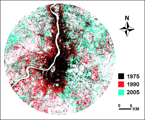 Figure 1.  Overlay of classified satellite imageries shows built-up areas of three temporal instants.