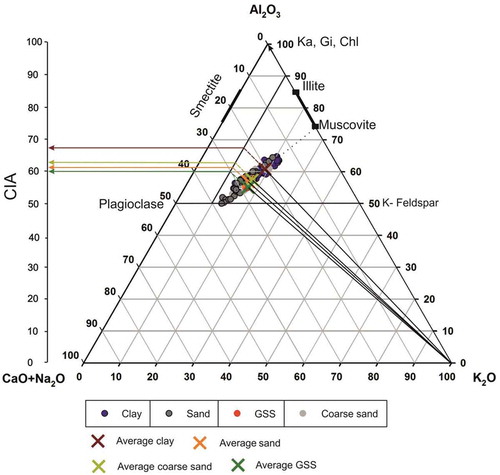 Figure 10. Al2O3-(CaO+Na2O)-K2O diagram of glacial sediments suggesting the weathering history of the catchment. Chl, chlorite; Ka, kaolinite; Gi, gibbsite. The dotted line represents the overall trend of weathering, and the dashed line represents the metasomatic trend and the corresponding pre-metasomatized chemical index of alteration (CIA) values for premetasomatized samples