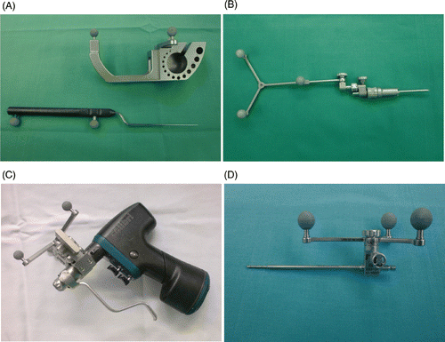 Figure 2. The instruments for the navigation. (A) Calibration device with the calibrated pointer. (B) Tracker for 2D and 3D navigation that can be attached to the splint. (C) Surgical motor, equipped with reflective marker spheres to enable its calibration and thereby its recognition by the optic localization system. (D) Drill guide, also equipped with marker spheres.