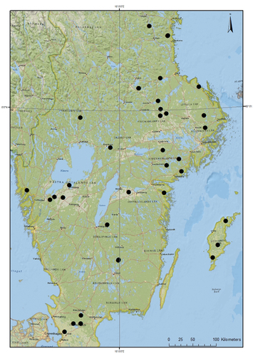 Figure 1. Approximate positions of the 32 farms in Sweden, where most of the interviews took place.