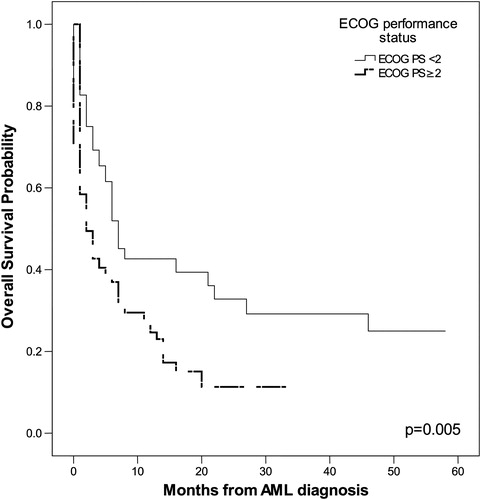 Figure 4. ECOG PS ≥2 had significant impact on OS (P = 0.005 by Kaplan–Meier method).