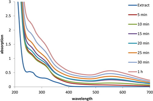 Figure 3. UV-Vis absorption spectra of Oak gum solution and different solution containing Au NPs by the times.