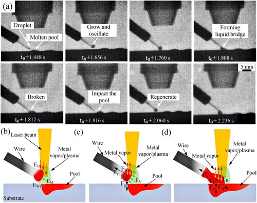 Figure 6. (a) Wire melting and mass transfer process in droplet transfer mode. (b, c) Schematic diagram of heating and force analysis on the droplet. (d) Schematic diagram of force analysis in the liquid bridge.