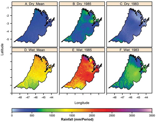 Figure 5. Spatial distribution of the dry (upper) and rainy (lower) periods for the climatological mean (a and b), the year 1985 (wetter) (c and d), and the year 1993 (drier) (e and f) for the Amazon biome.