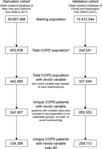 Figure 1 Flowchart of data exclusions used to create the Readmission After COPD Exacerbation risk Scale.