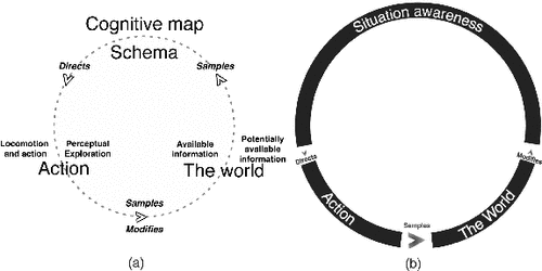 Figure 3. (a) The perceptual cycle, adapted from Neisser Citation(1976). (b) Core SA action-feedback model.