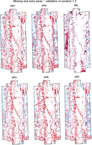 Figure 5.  Missing (red) and extra (blue) areas mapping for product T1.2 – flood mapping for the 24 April 1997.