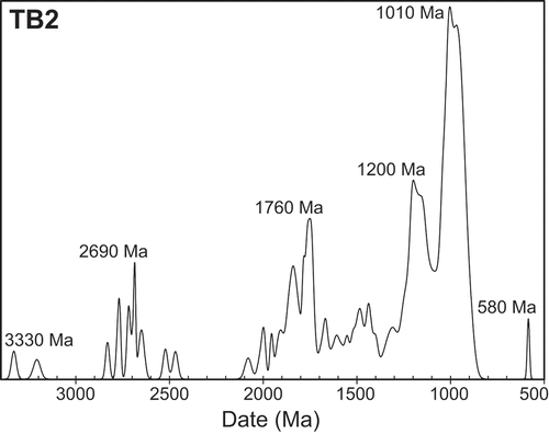 Figure 5. Probability density plots of LA-ICPMS U-Pb dates from 140 detrital zircons obtained from sample TB2, representing a thin claystone near the top of the lower upward-coarsening cycle of the “lower siltstone” interval of the Torneträsk Formation at Site 1, Luobákte (Fig. 2). Plotted with Isoplot 3.0 (Ludwig Citation2003)