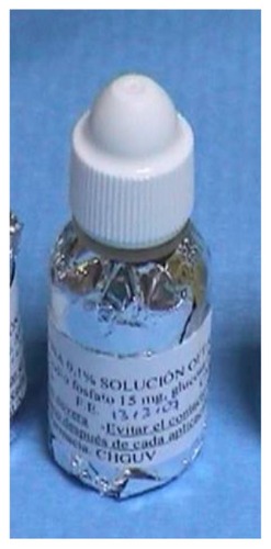 Figure 3 Riboflavin 0.1% solution in a 15 mL balanced salt solution bottle wrapped in aluminum foil to avoid exposure to ambient light.