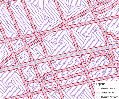 Figure 3. Seeding points along the dilated roads, used to create Thiessen polygons.