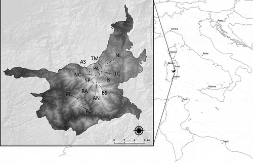 Figure 1. Geographic location of the subpopulations under study (see Table 1 for subpopulations codes and names) in the Gennargenteo biogeographical sector (CE-Sardinia).