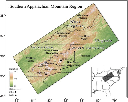 Figure 1. Elevation and distribution of topographic regions across the southern Appalachian Mountains.