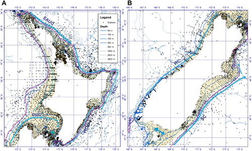 Figure 1. Map of New Zealand with the sediment stations included in nzSEABED. A) North Island, B) South Island. Isobaths are shown at 50 m, 100 m, 150 m and 200 m (also 500 m, 1000 m, 2000 m and 3000 m). The edge of the continental shelf is shown in a dashed pink line. The area shaded light brown was exposed when sea level was -120 m during the last glacial. The main ocean currents are shown in blue and labelled: EAUC – East Auckland Current, ECC – East Cape Current, WCC – Wairarapa Coastal Current, SC – Southland Current, WC – Westland Current, DUC – D’Urville Current. The strong tidal currents in Cook Strait and Foveaux Strait are shown by a double-headed arrow.