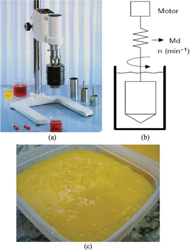 Figure 1. (a) Rheometer Haake model VT550 with a concentric cylinder system, (b) mango pulp, and (c) rheometer operation scheme Haake Viscotester.