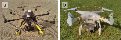 Figure 4. View of the two equipment used in this work: (a) ATYGES FV-8 octocopter and (b) DJI phantom 3 professional quadricopter.