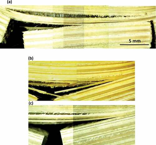 Figure 5. (a) An optical image of notches and crack/microstructure interactions in the crack arrestor orientation in a double notched specimen showing interlaminar and deflected crack profiles with bridging ligaments. (b-c) Optical images of notches and crack/microstructure for single-notched specimen interactions in crack arrestor (b) and crack divider (c) orientations. These images show interlaminar and deflected crack profiles with bridging ligaments
