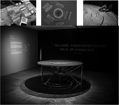 Figures 3-6. Cuerpos de Sentido (Body of Sense) display. Table with 6 rotating rings and 6 reading positions, which correspond to 6 simultaneous conversations. These conversations were given through the testimonies of the participants in the laboratories and the interviews. Photographer: Adriana Valderrama, personal archive, 2017.
