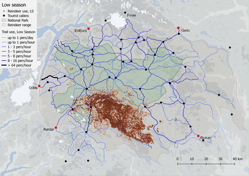 Figure 4. Trail Use Index (mean values for 2017 and 2018) and location of 98 GPS monitored reindeer in Hardangervidda NP area during low summer season (Jun 15–Jul 14) in the period of 2001–2018.