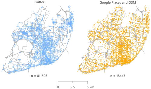 Figure 3. Point locations of data instances from Twitter, Google Places and OSM prior to hexagonal cell aggregation.