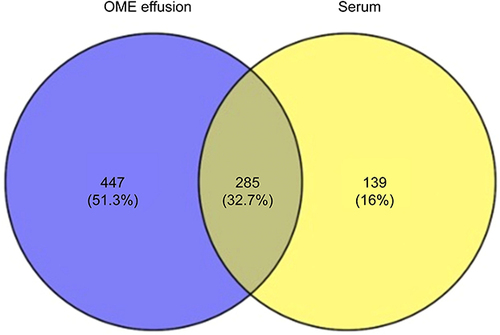 Figure 4 Venn diagram of protein identification in OME patients’ middle ear charge and serum from healthy volunteers.